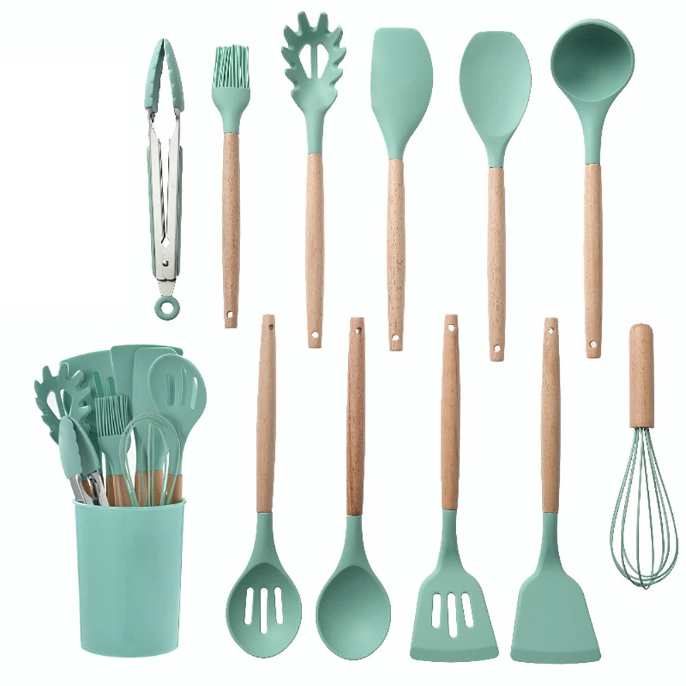 Feature Silicone Kitchenware Utensil Collection With Wooden Handle Nonstick Spatula