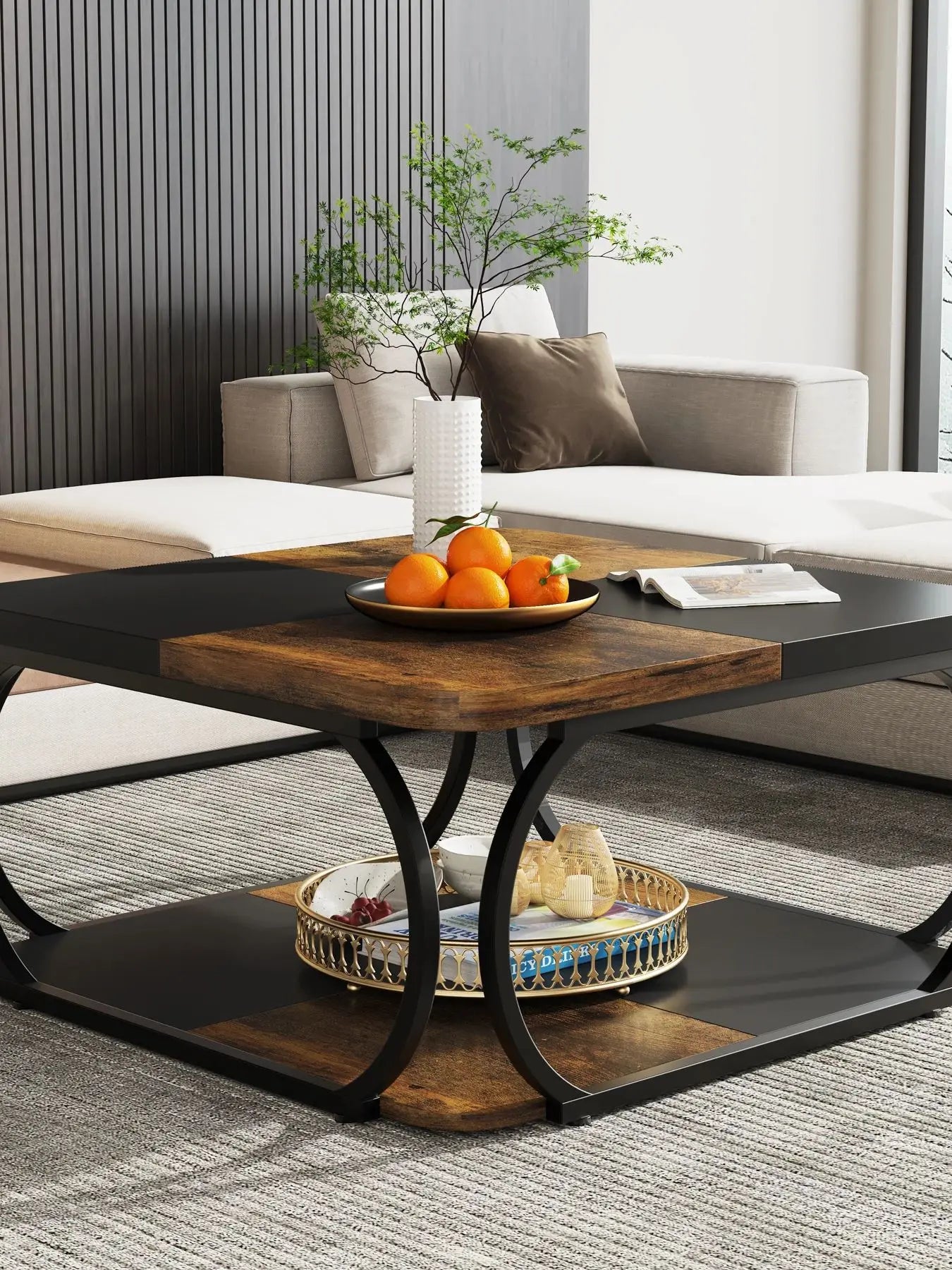 Tribesigns Square Coffee Table Two Tier Wood Storage Shelf Farmhouse