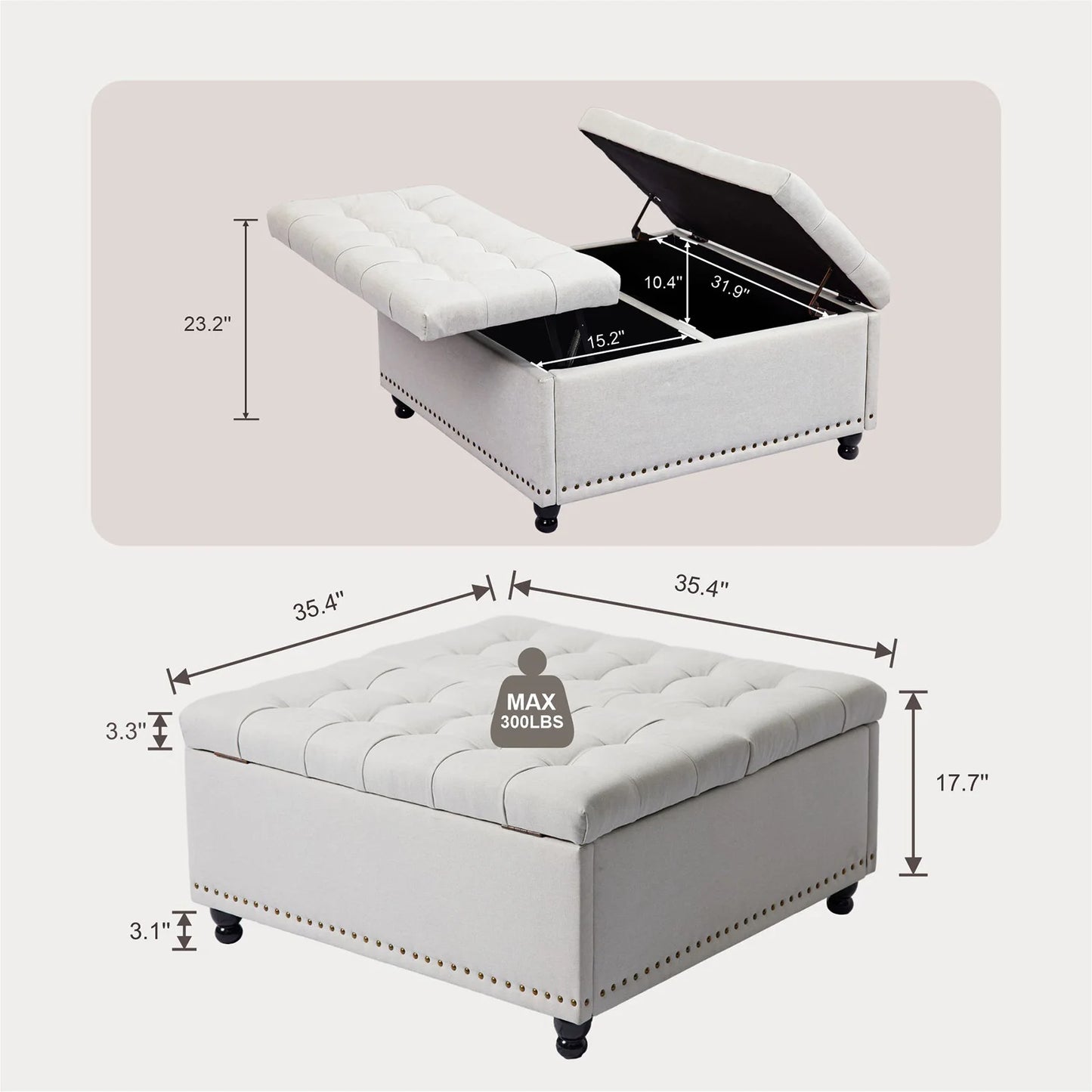 Redlife Lift Top Storage Ottoman Bench Tufted Fabric