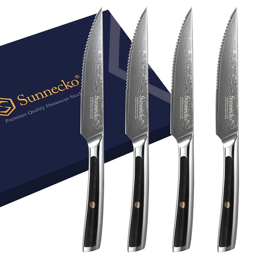 Sunnecko SeventyThreeLayer VG10 Damascus Steel Forks And SteakKnives Set PremiumProfessionalGrade
