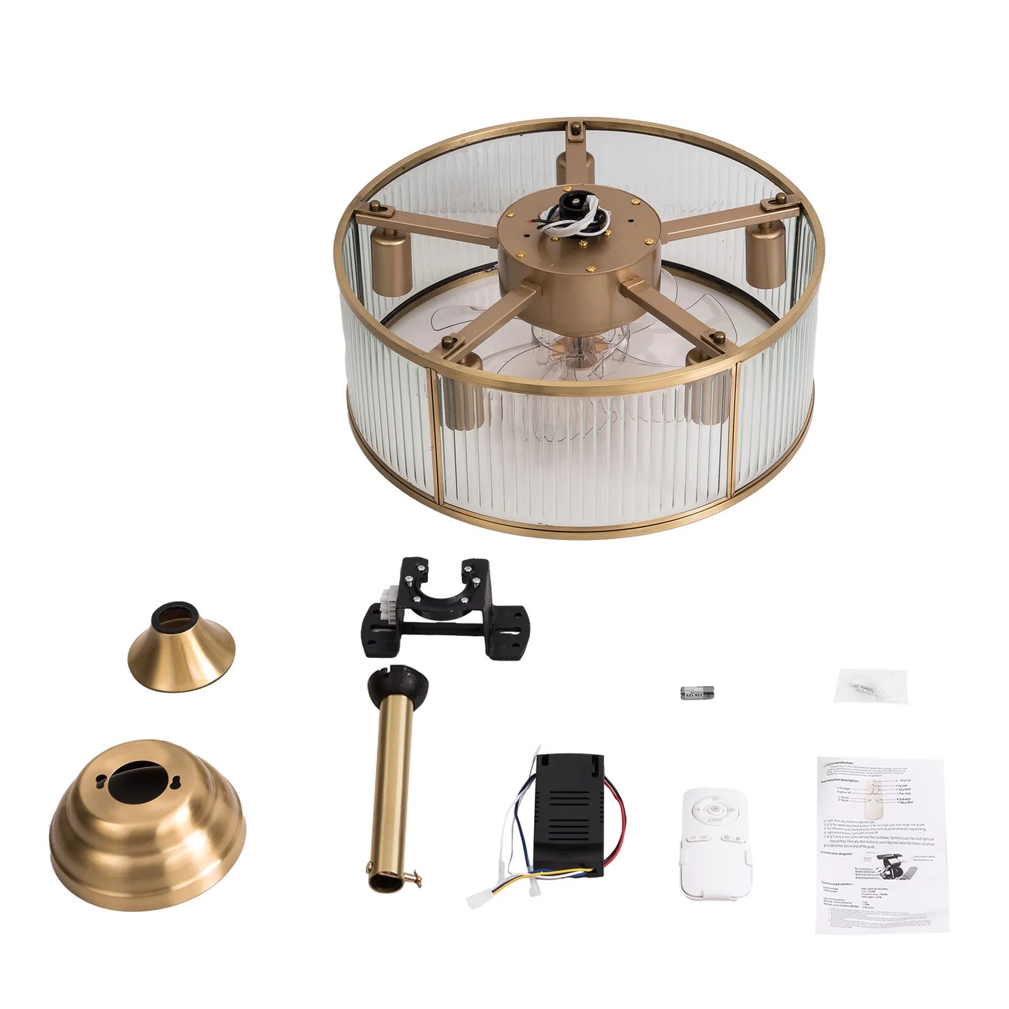 Gold Caged Ceiling Fan With Remote Farmhouse Light