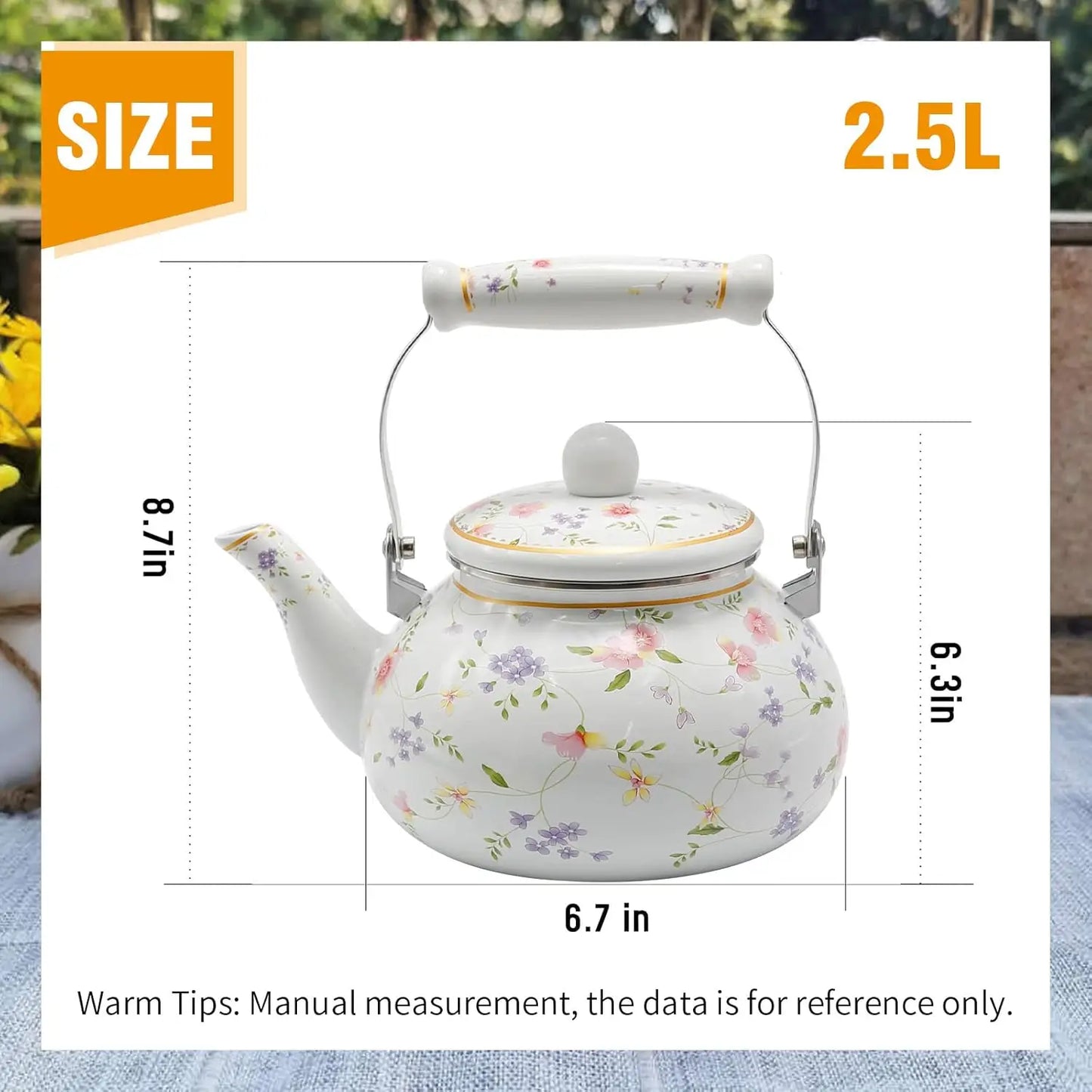 Enamel Teakettle Floral Teapot for Stovetop, 2.5L Large Green Floral Tea Kettle with Ceramic Handel Turkish Style(Green Rose)