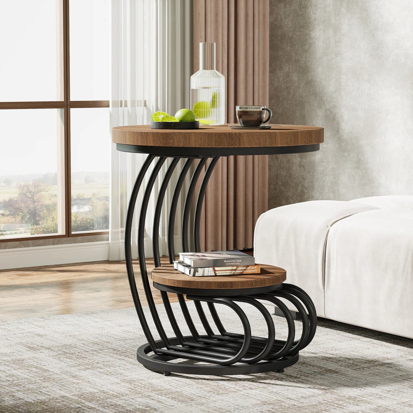 Tribesigns Round End Table 2 Tiers Faux Marble Storage