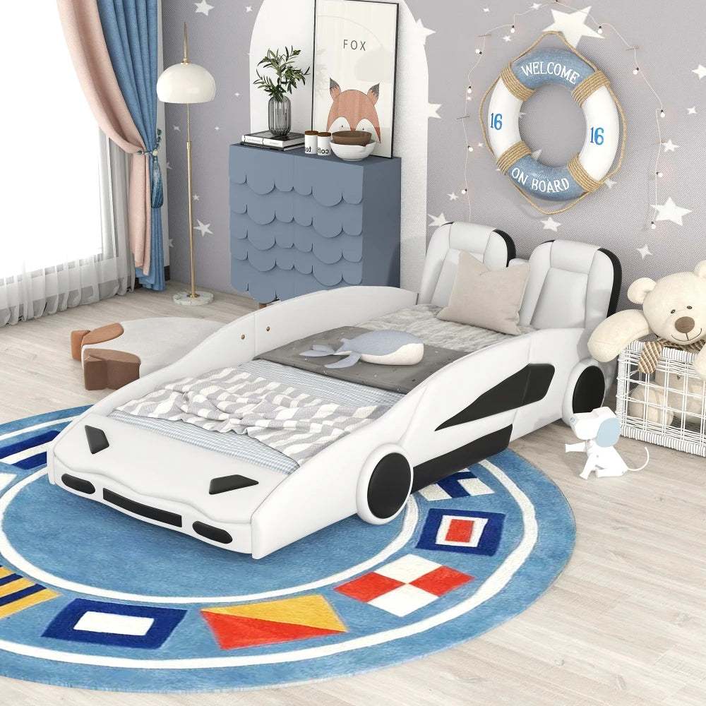 JUANLI Race Car Shaped Platform Bed With Wheels For Kids Boys Bedroom Furniture Essentials