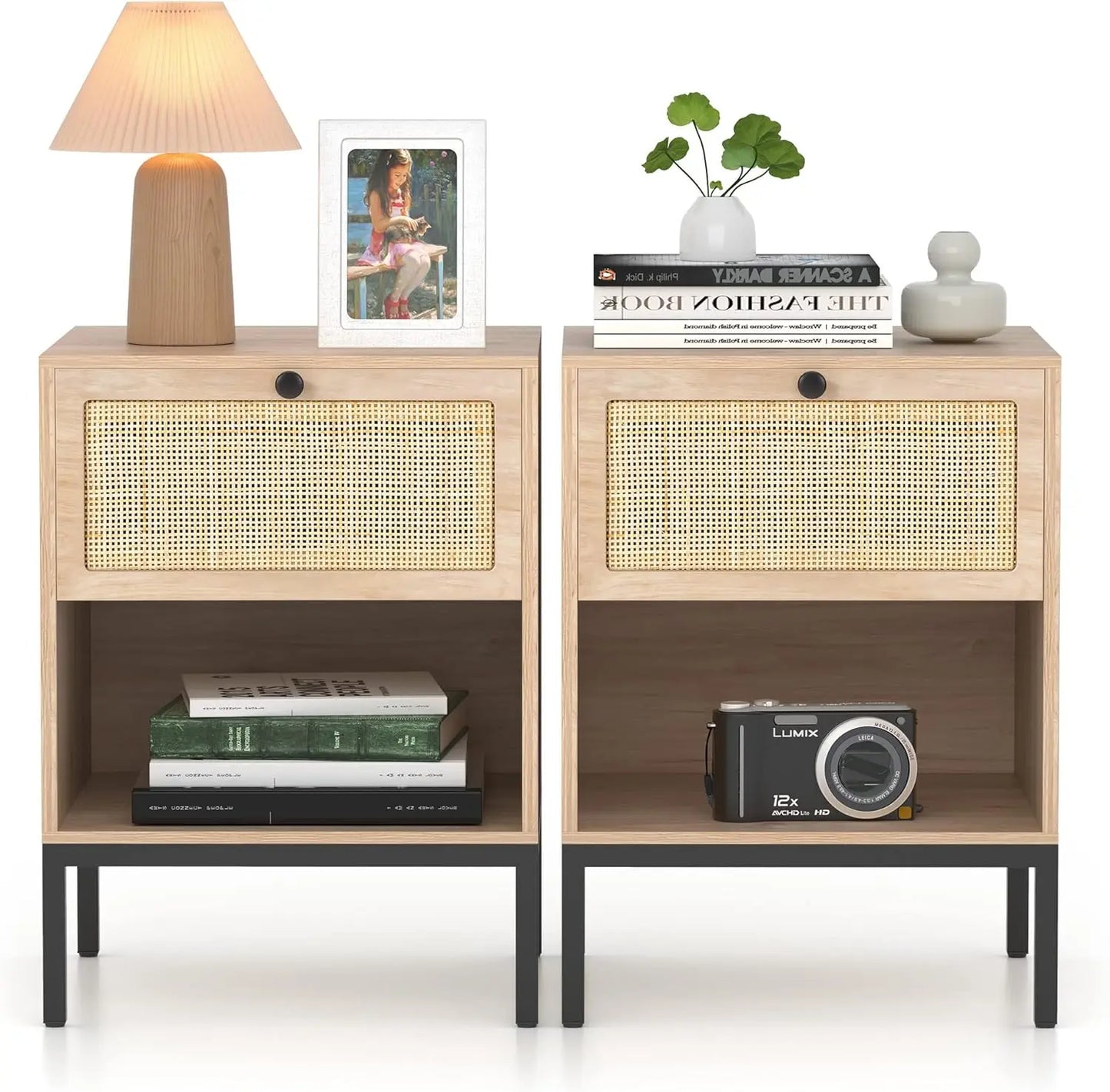 Natural Rattan Nightstand Set 2 With Drawers Boho Bedside Table