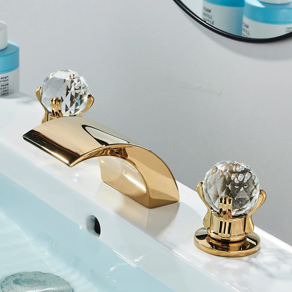 Quyanre LED Widespread Bathroom Faucet Waterfall Two Crystal Knobs