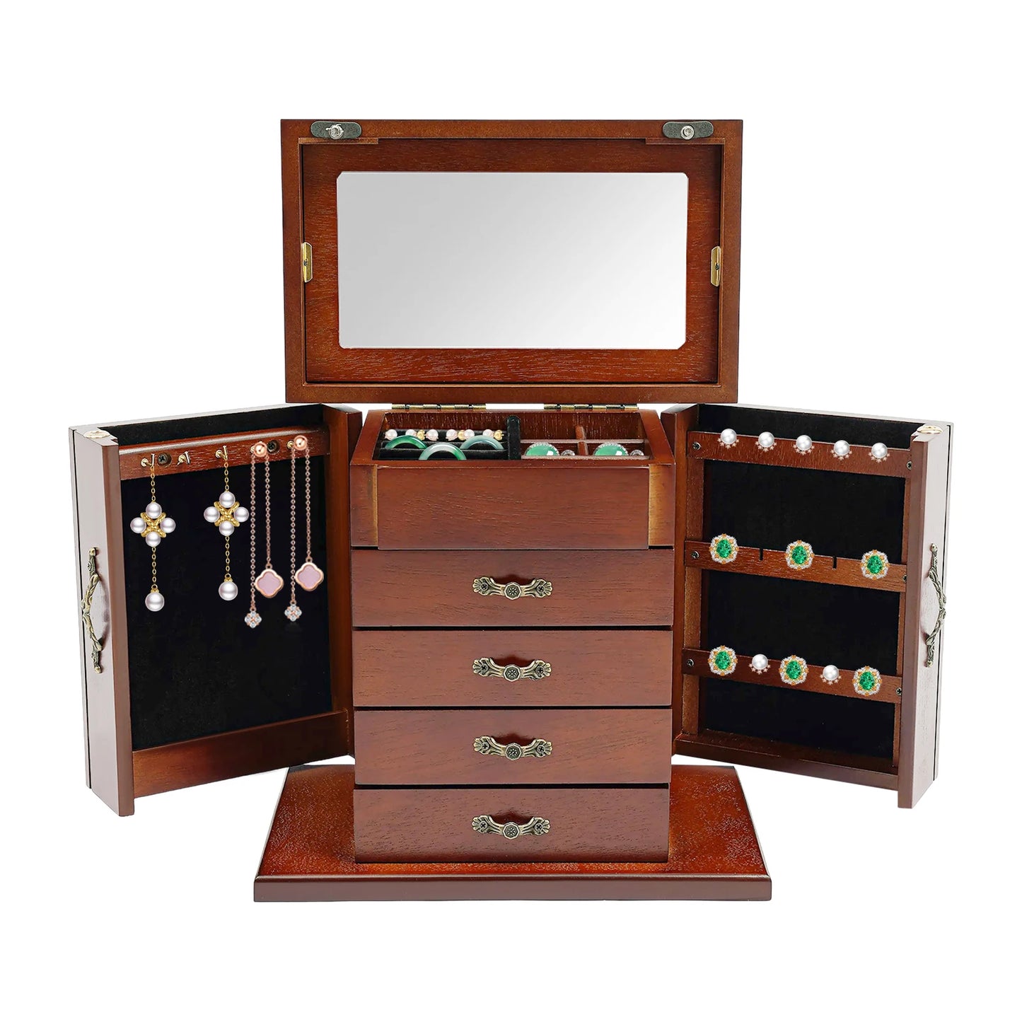 NONECN Five Tier Wooden Jewelry Box With Mirror And Soft Interior