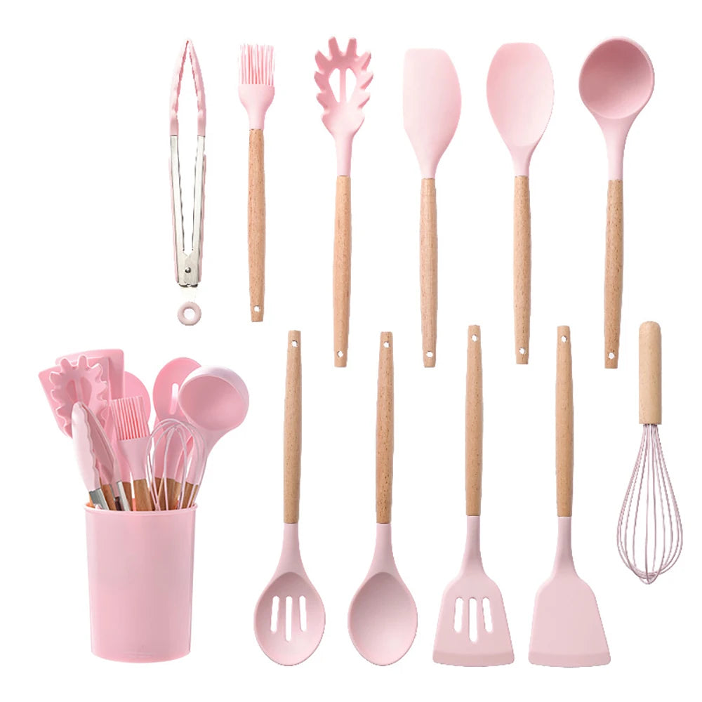 Feature Silicone Kitchenware Utensil Collection With Wooden Handle Nonstick Spatula
