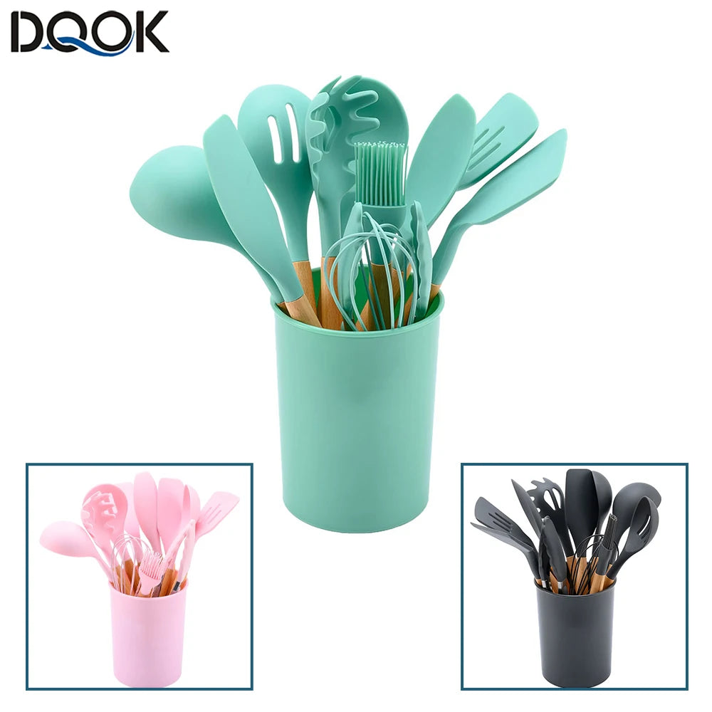 Feature Silicone Kitchenware Utensil Collection With Wooden Handle Nonstick Spatula