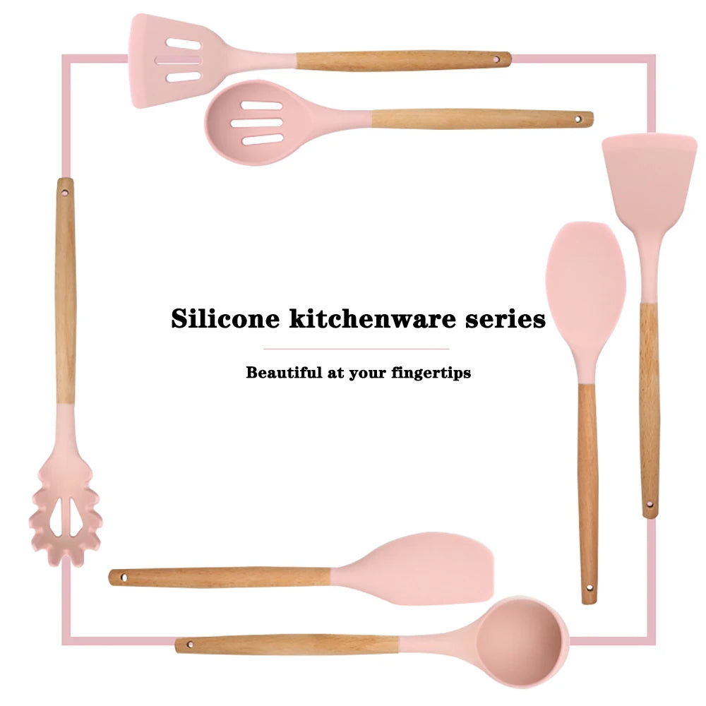 Feature Silicone Kitchenware Utensil Collection With Wooden Handle Nonstick Spatula