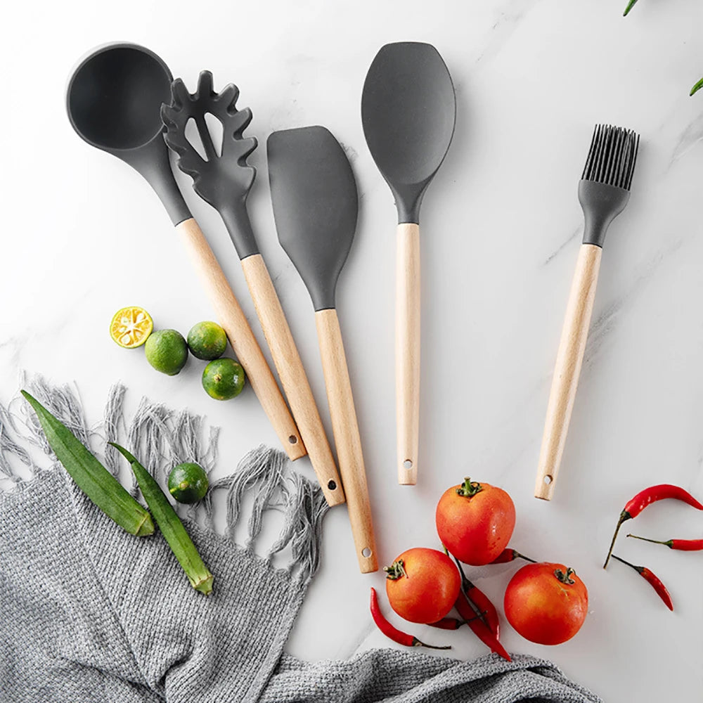 Feature Silicone Kitchenware Utensil Collection With Wooden Handle Nonstick Spatula