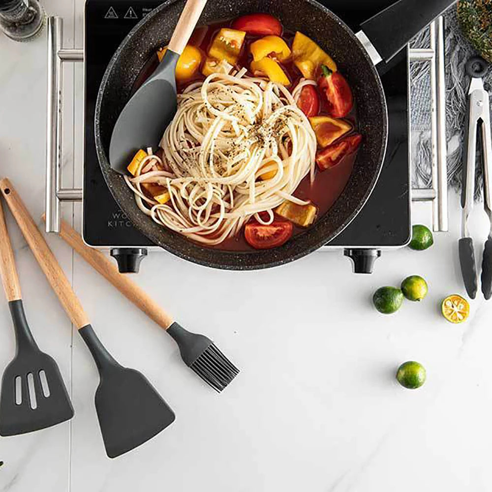 Feature Silicone Kitchenware Utensil Collection With Wooden Handle Nonstick Spatula