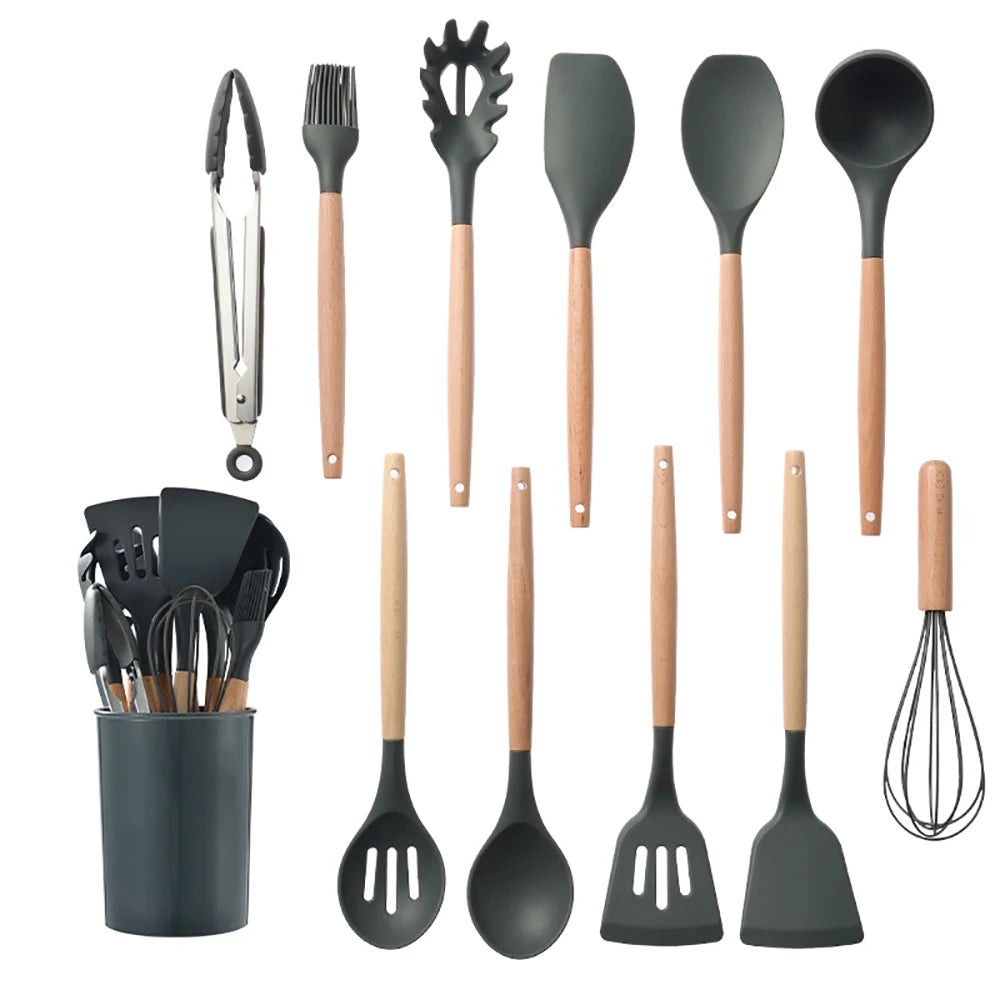 Feature Silicone Kitchenware Utensil Collection With Wooden Handle Nonstick Spatula