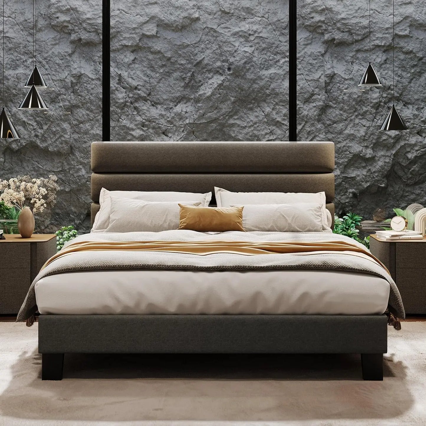 Fabric Upholstered Platform Bed Frame With Adjustable Headboard