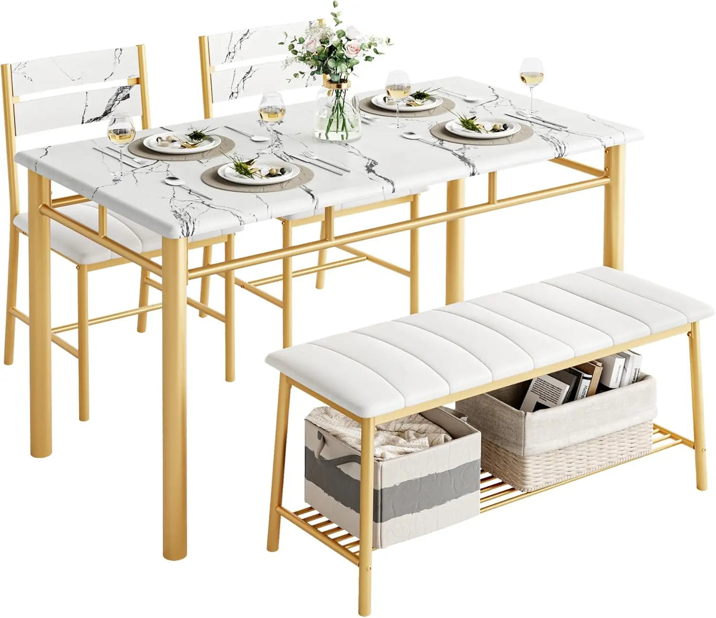 IRONCK Dining Table Set For 4 Small Space Bench And Chairs