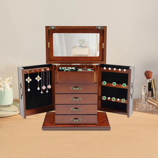 NONECN Five Tier Wooden Jewelry Box With Mirror And Soft Interior
