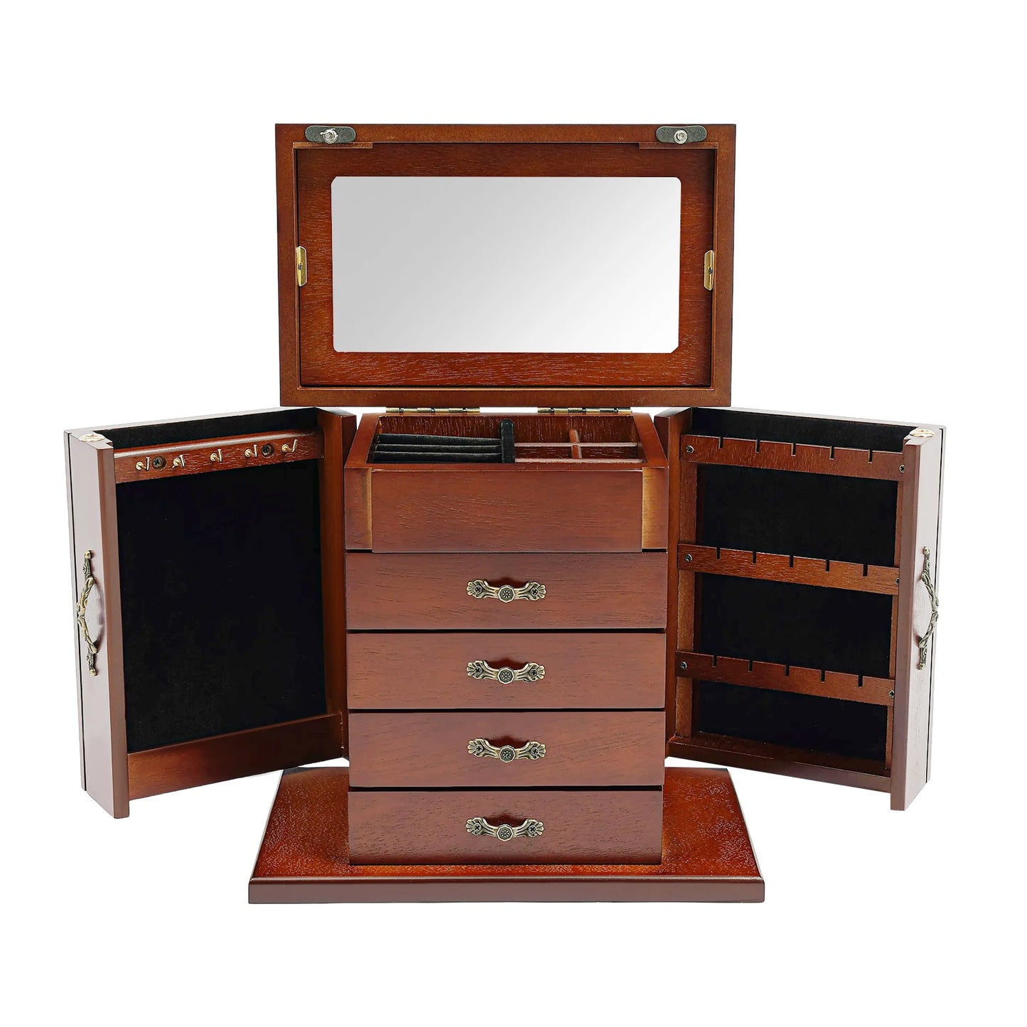 NONECN Five Tier Wooden Jewelry Box With Mirror And Soft Interior
