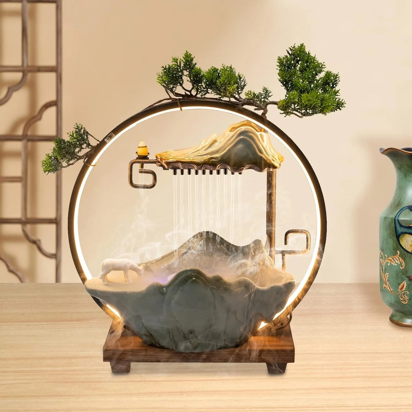 Bymaocar Tabletop Water Fountain With LED Light Mist Incense Holder