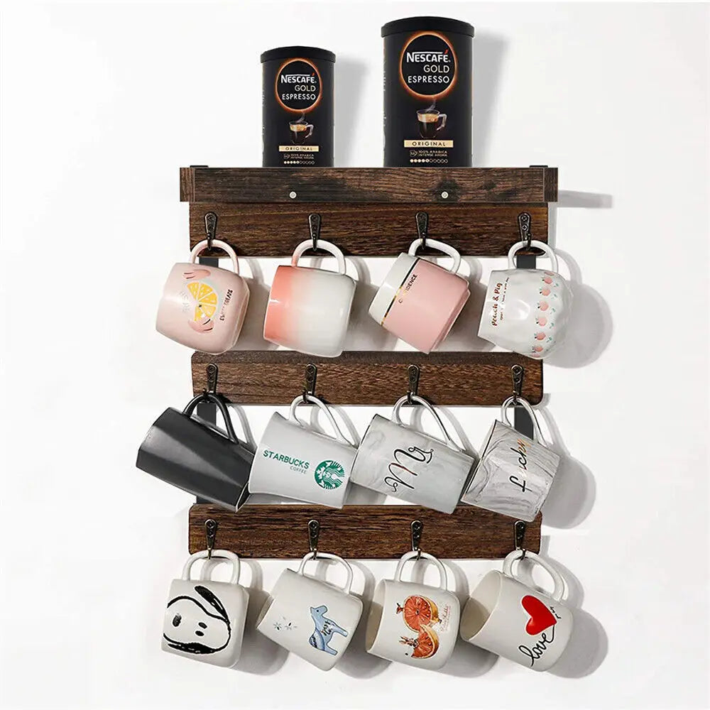 Wall Mounted Wooden Cup Organizer With 12 Hooks Shelf