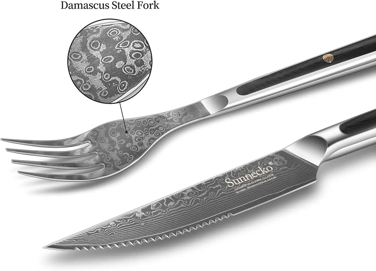 Sunnecko SeventyThreeLayer VG10 Damascus Steel Forks And SteakKnives Set PremiumProfessionalGrade