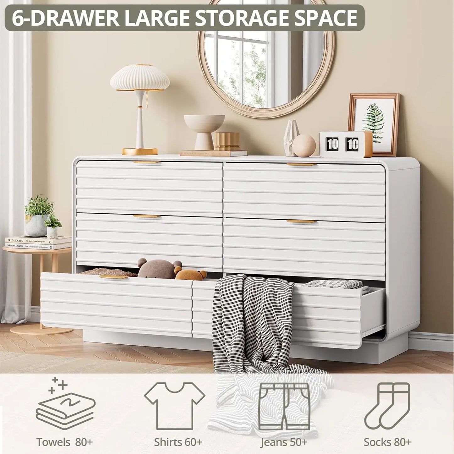 IRONCK Fluted 6 Drawer Dresser Modern Wooden White Bedroom