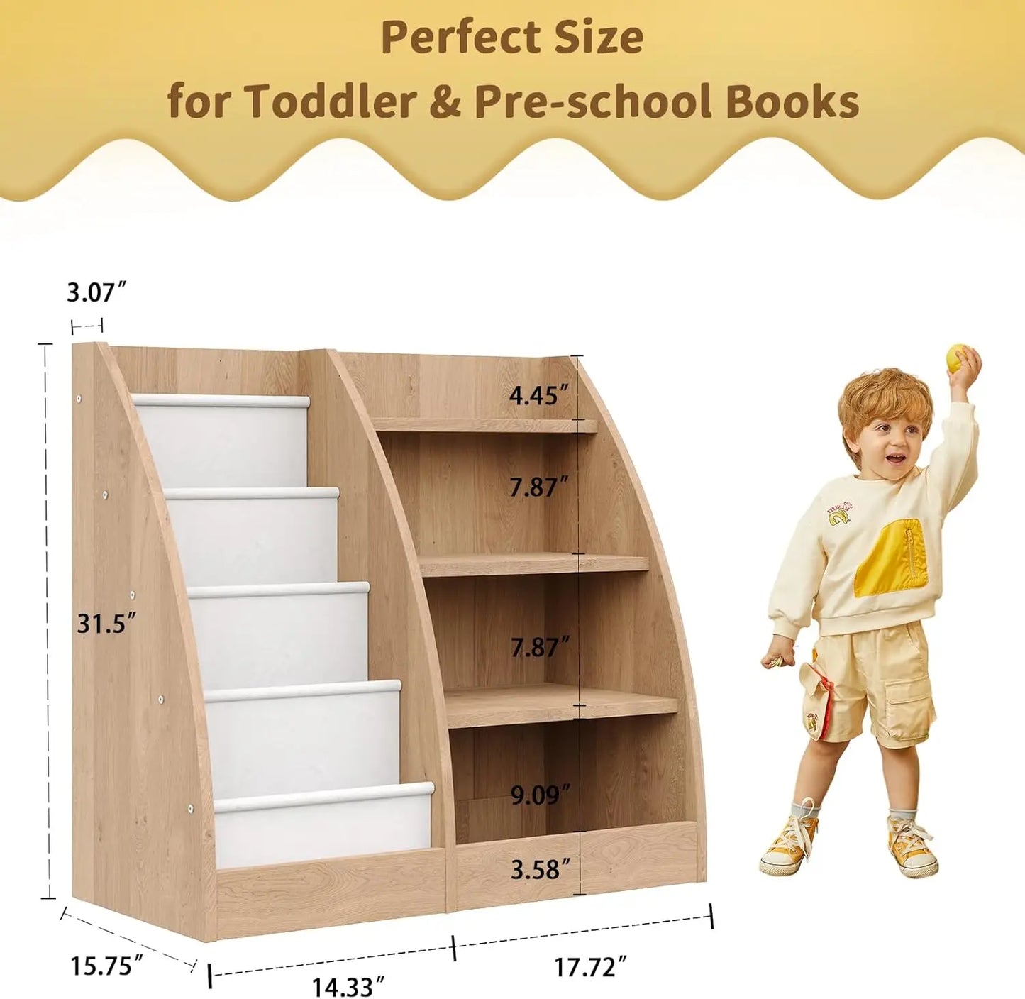 4-Tier Kids Bookcase With Sling Pockets For Nursery Storage
