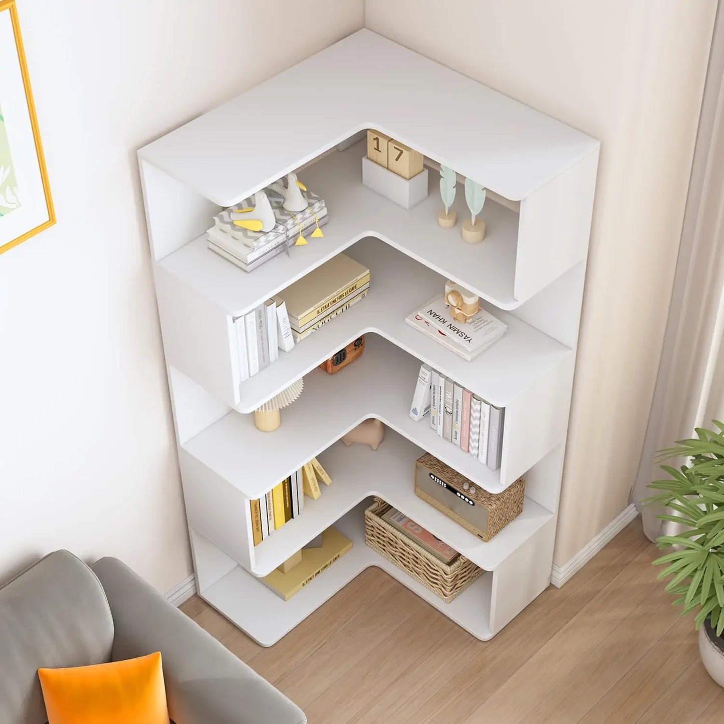 L Shaped Corner Bookshelf 6 Tier Wooden Freestanding Bookcase
