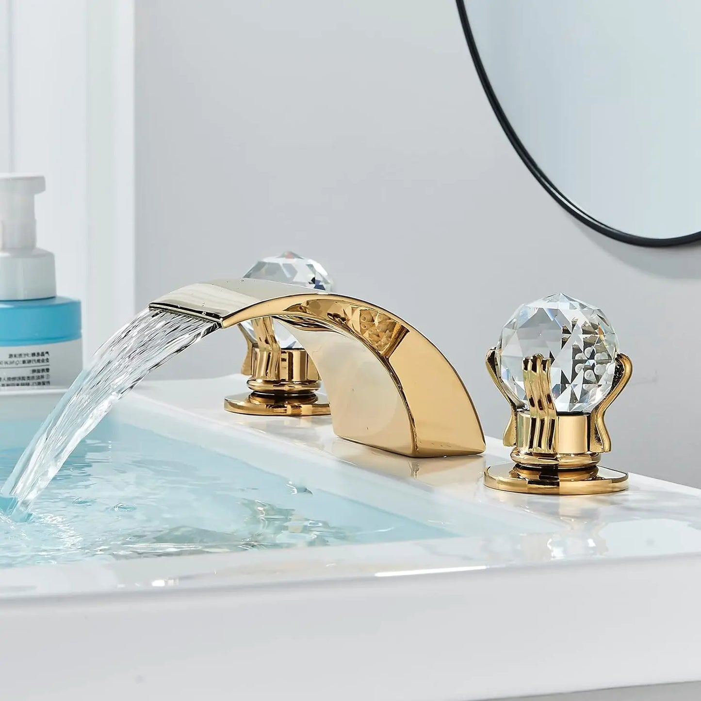 Quyanre LED Widespread Bathroom Faucet Waterfall Two Crystal Knobs