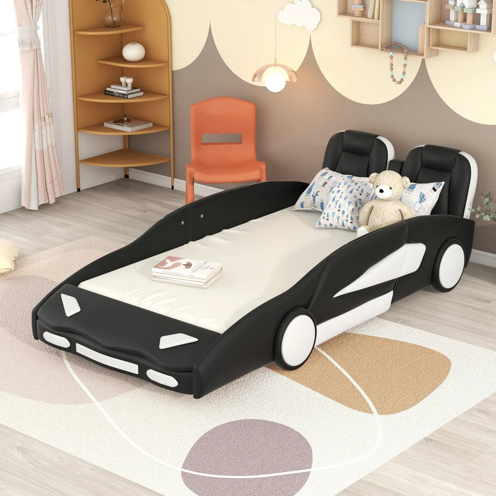 JUANLI Race Car Shaped Platform Bed With Wheels For Kids Boys Bedroom Furniture Essentials