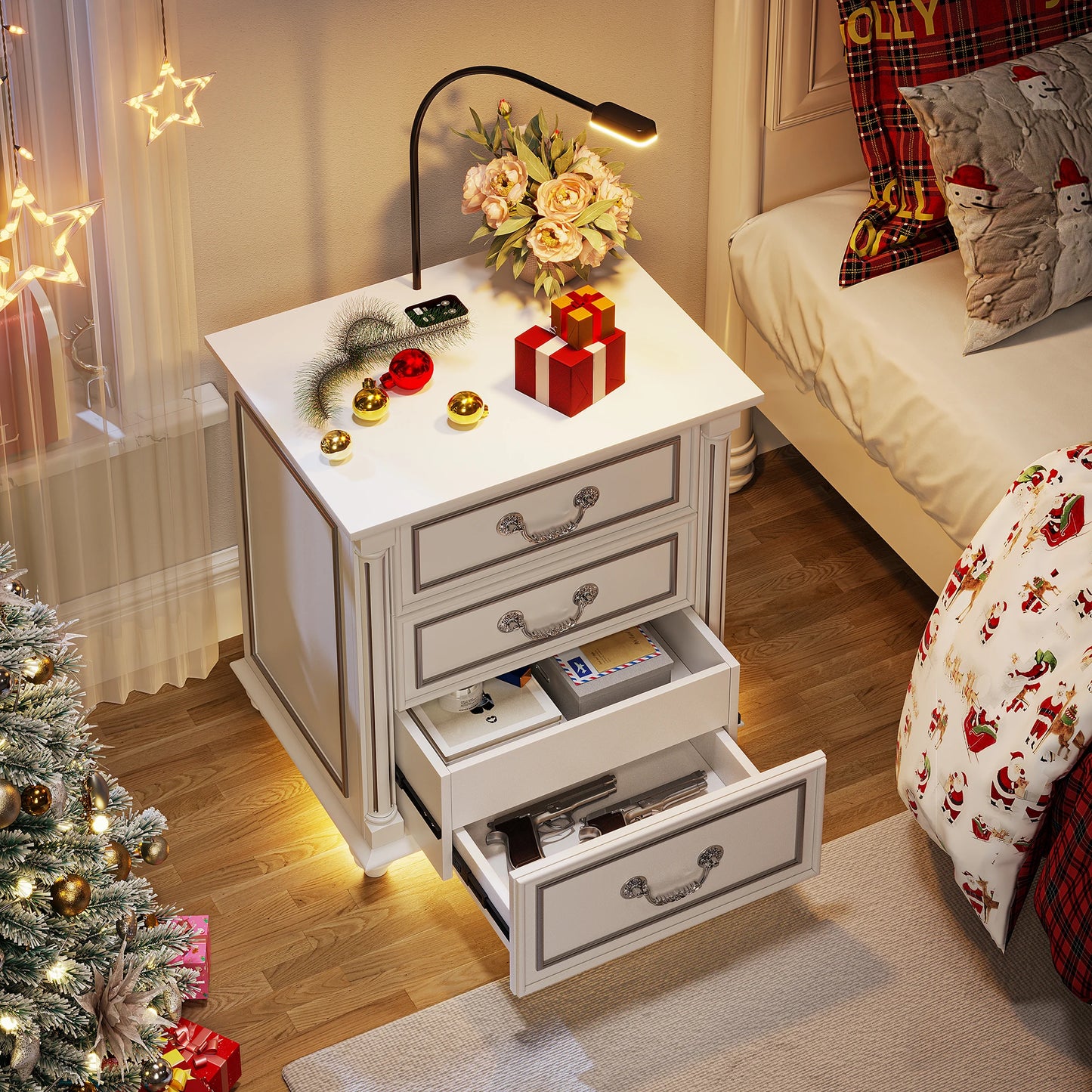 JDPAG Farmhouse Nightstand With Gun Drawer And 3 Drawers