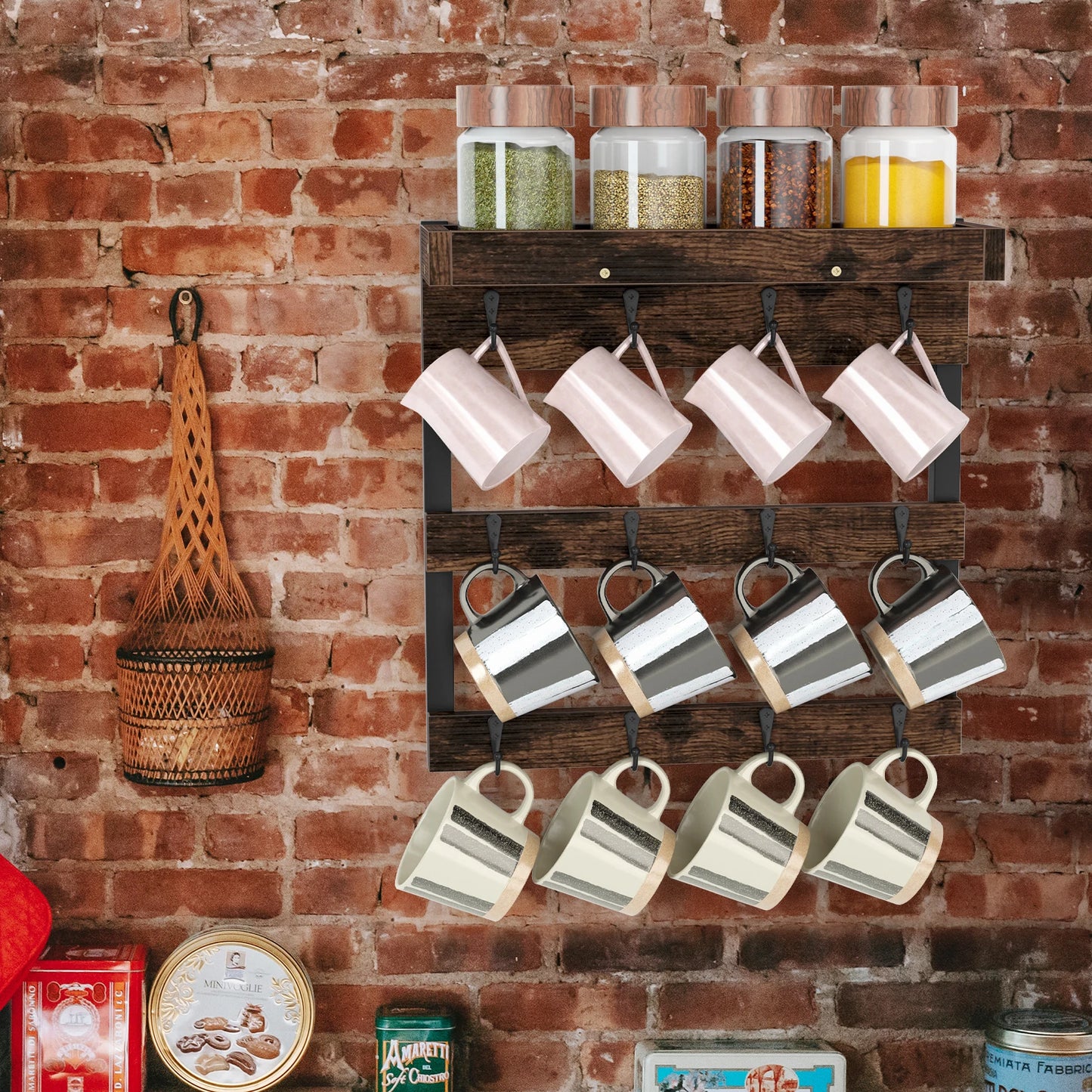Wall Mounted Wooden Cup Organizer With 12 Hooks Shelf