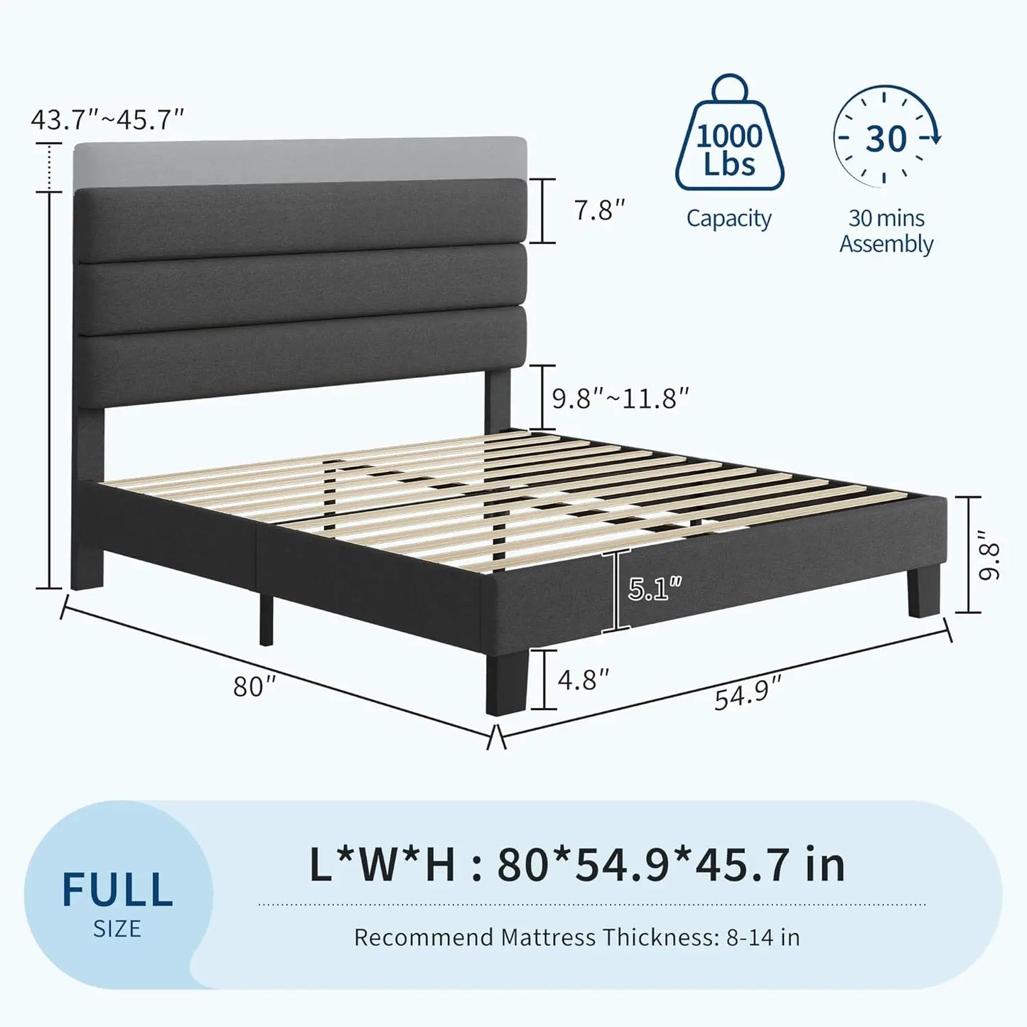 Fabric Upholstered Platform Bed Frame With Adjustable Headboard