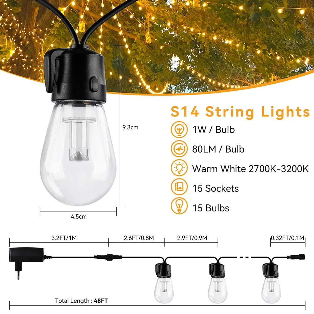 Arbrac 15M LED String Lights Festoon Shatterproof Outdoor