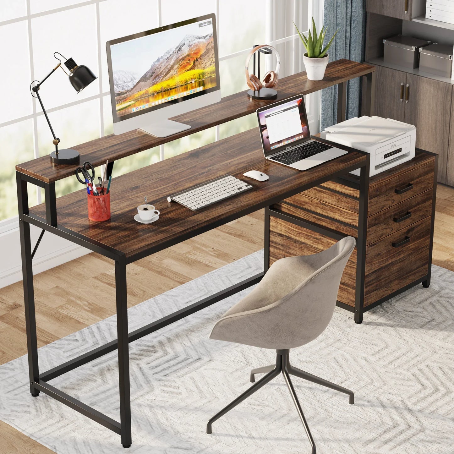Tribesigns Ergonomic IndustrialGrade Computer Desk With File Drawer Monitor Stand