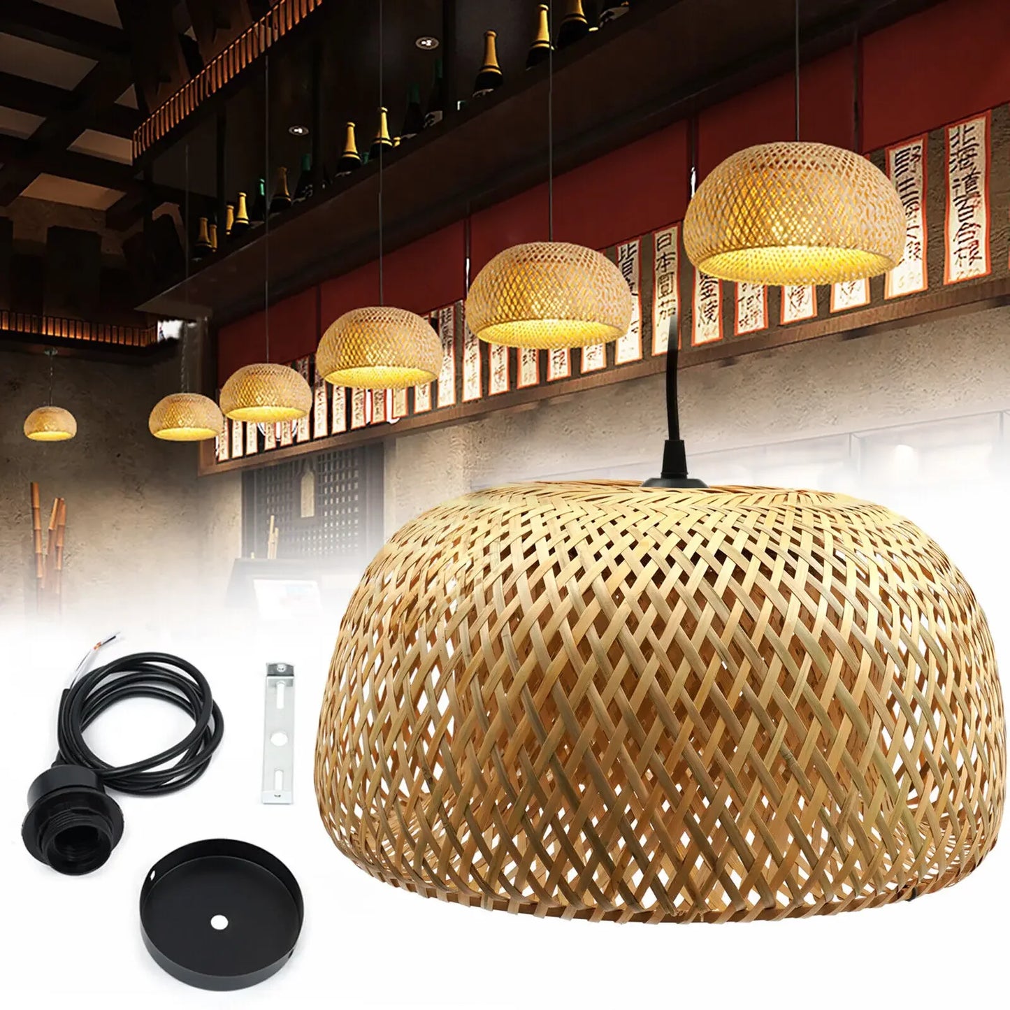 Bamboo Wicker Rattan Pendant Light E27 Ceiling Hanging Lamp Dimmable