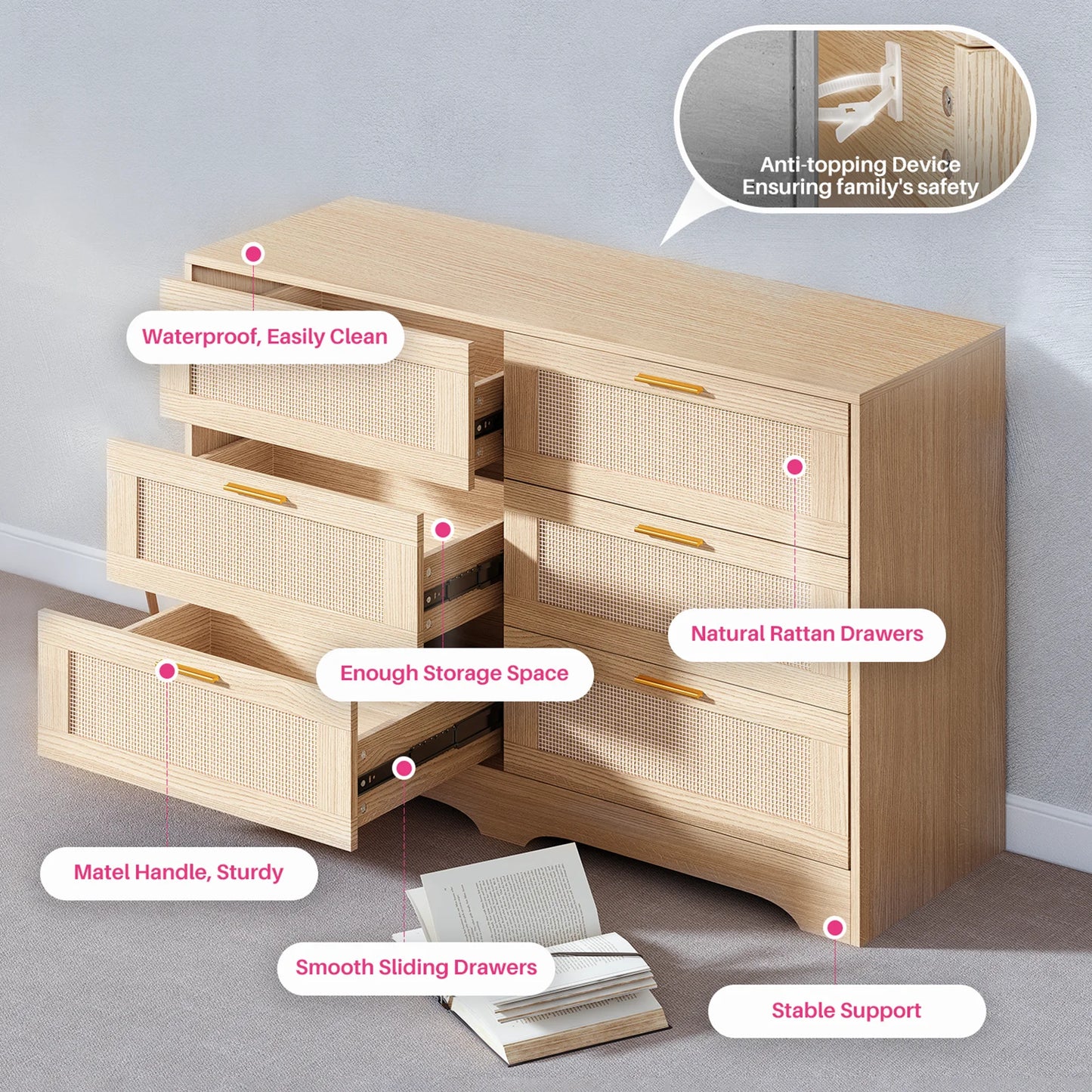 Redlife Rattan Dresser With 6 Drawers And Golden Handles