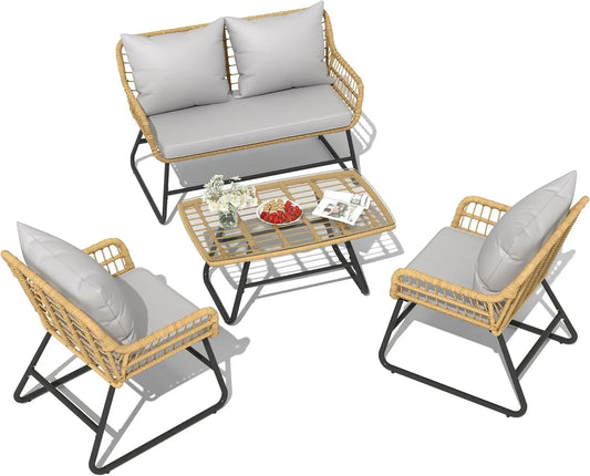 4-Piece Outdoor Wicker Furniture Set With Removable Cushions