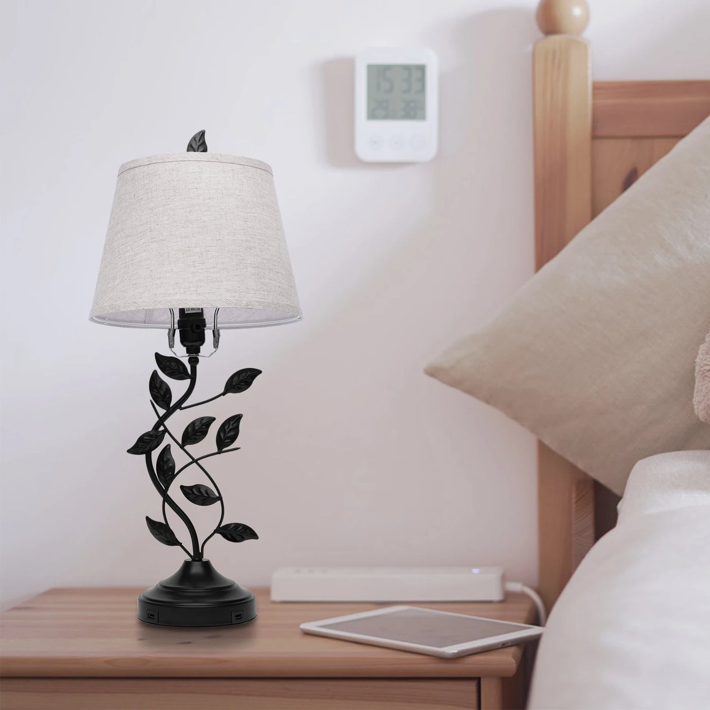 Table Lamp Iron And Linen With Dual USB Ports Soft Light For Nursery