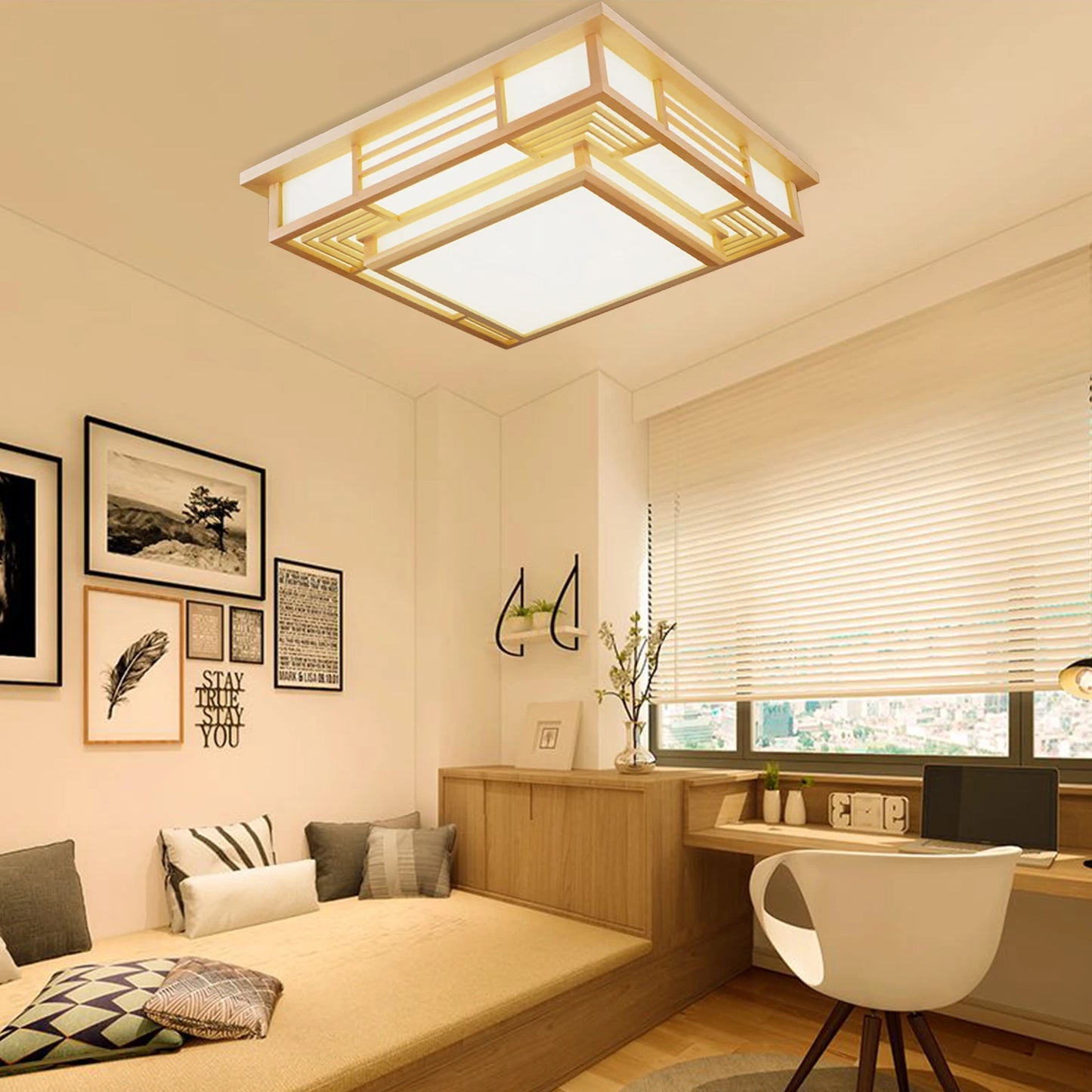 Japan Style Solid Wood Ceiling Lamp With Remote Control LED