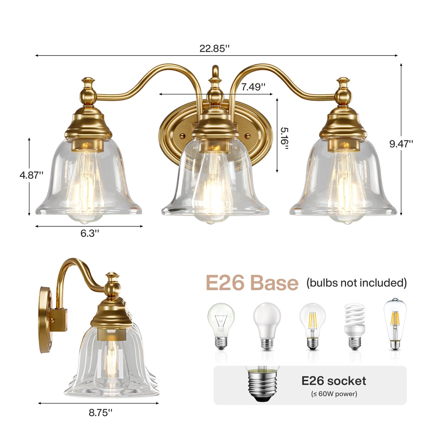 Tribesigns 3 Light Vanity Bathroom Wall Sconce Clear Glass Shades