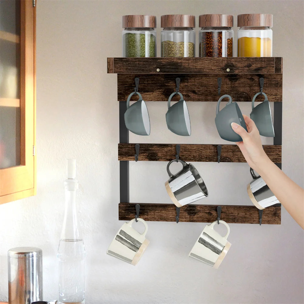Wall Mounted Wooden Cup Organizer With 12 Hooks Shelf