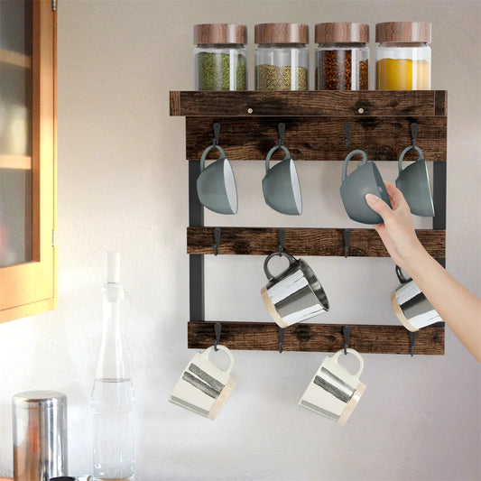 Wall Mounted Wooden Cup Organizer With 12 Hooks Shelf