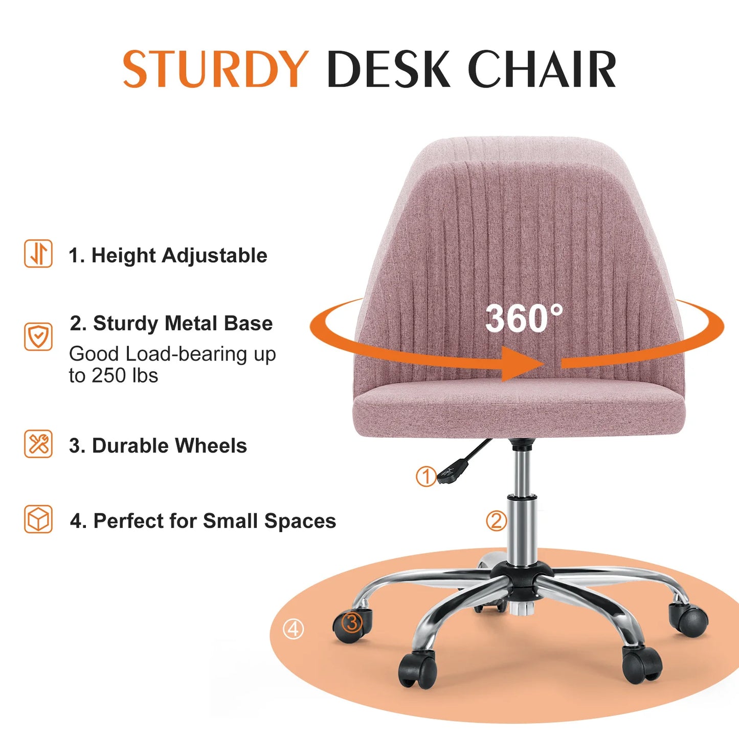 JHK Armless Desk Chair With Wheels Fabric Swivel Office
