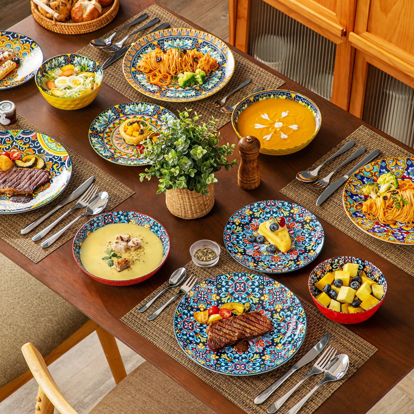 MALACASA Stoneware Ceramic Dinnerware Set Bohemian Style Includes Plates BowlsSet