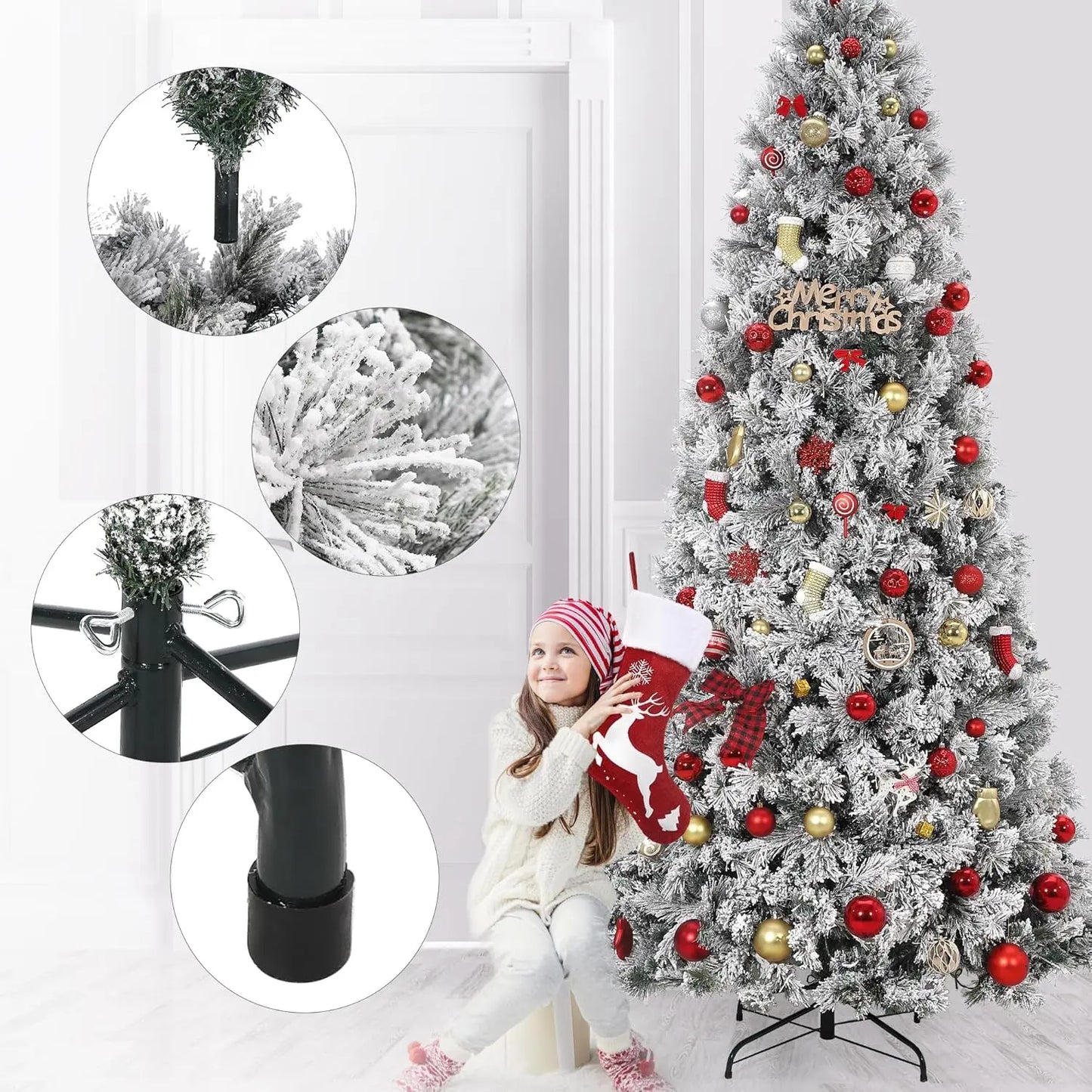 HiMISSE Prelit Snow Flocked Christmas Tree With LED Lights