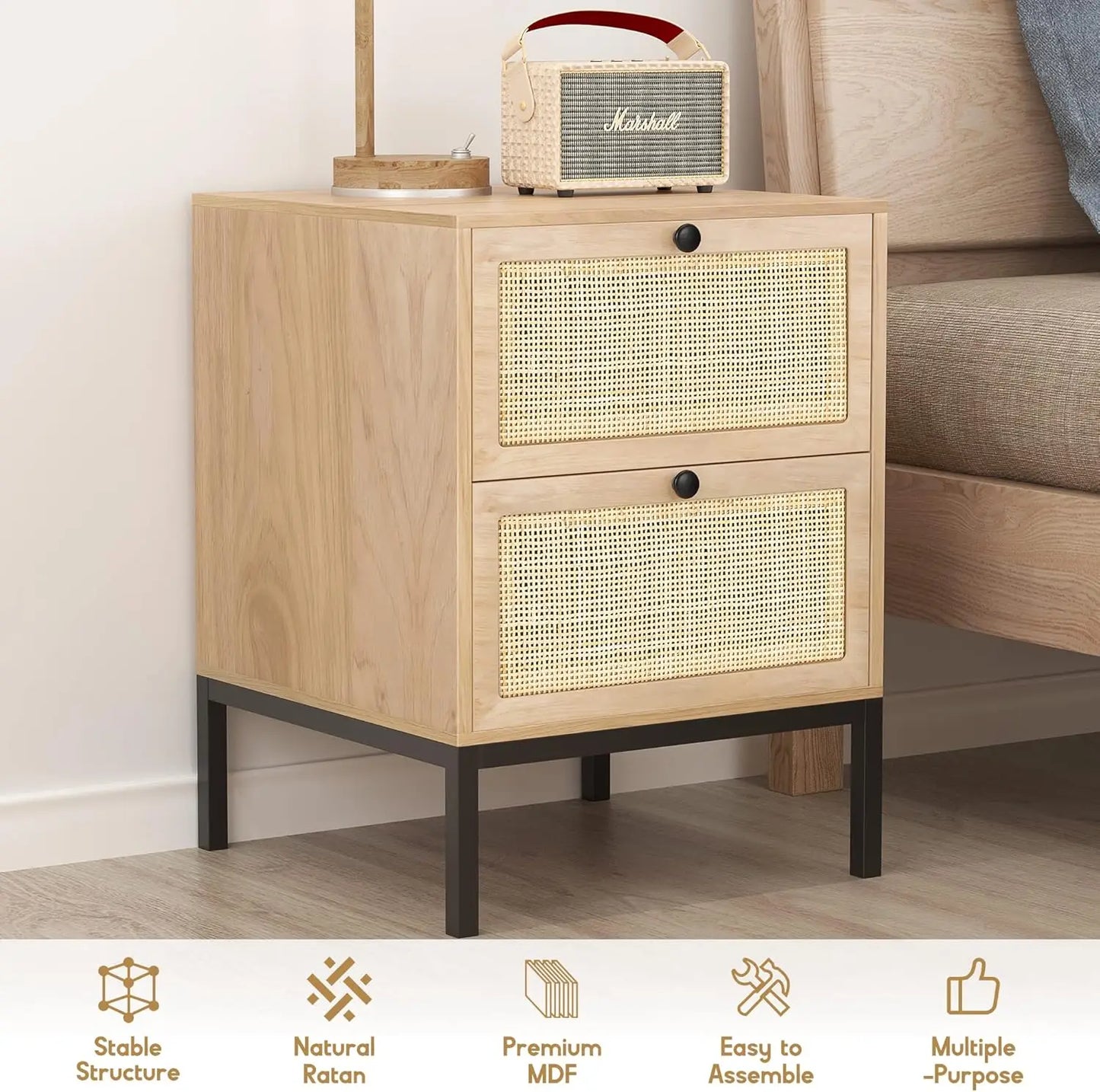 Natural Rattan Nightstand Set Of 2 With Drawers Boho