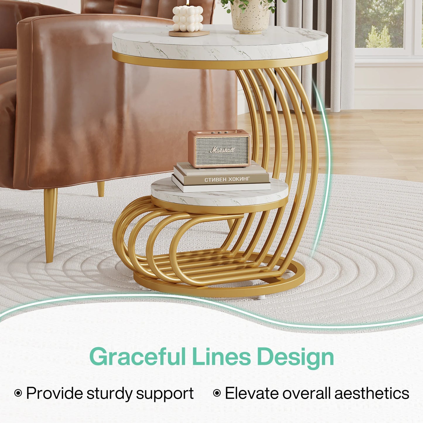 Tribesigns Round End Table 2 Tiers Faux Marble Storage