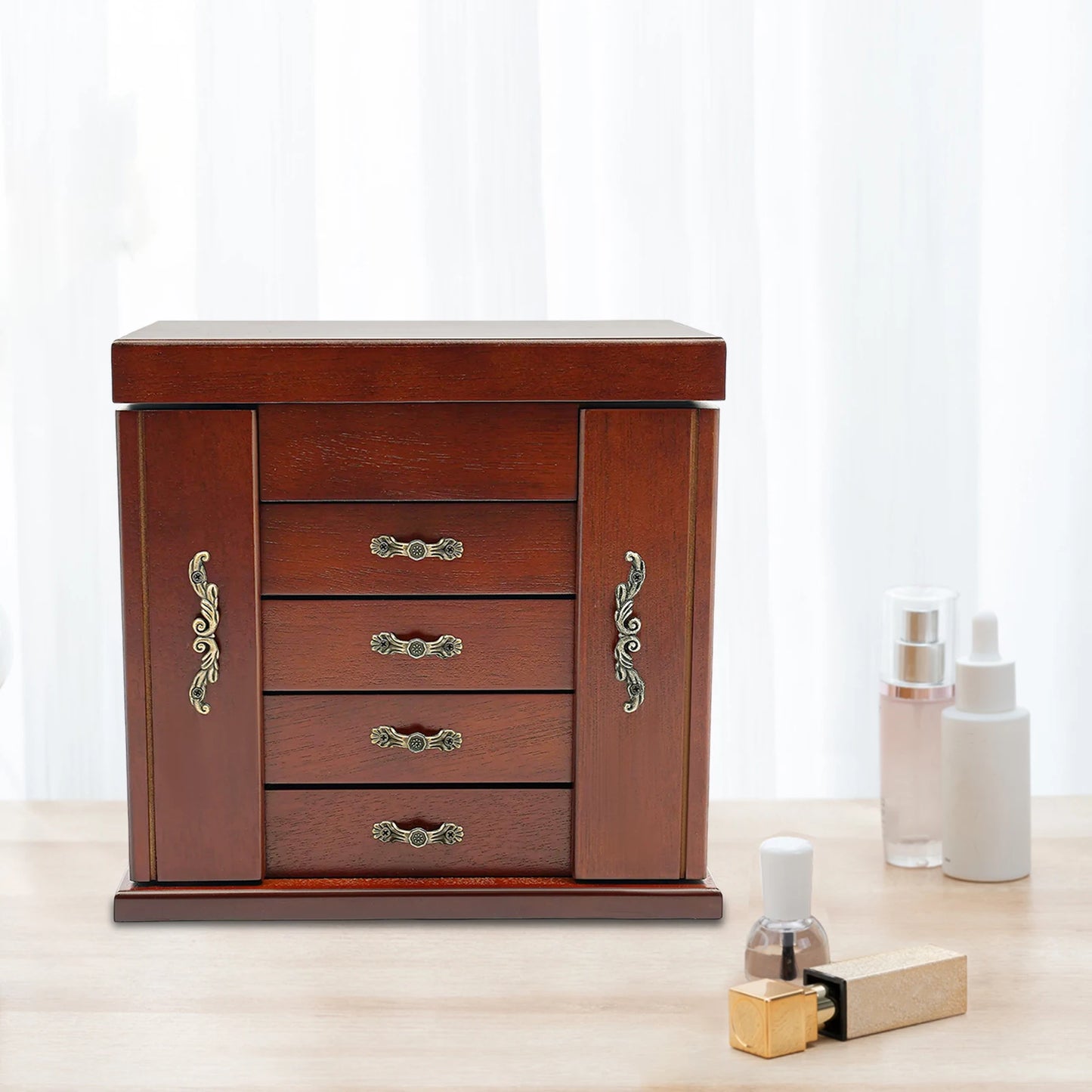 NONECN Five Tier Wooden Jewelry Box With Mirror And Soft Interior