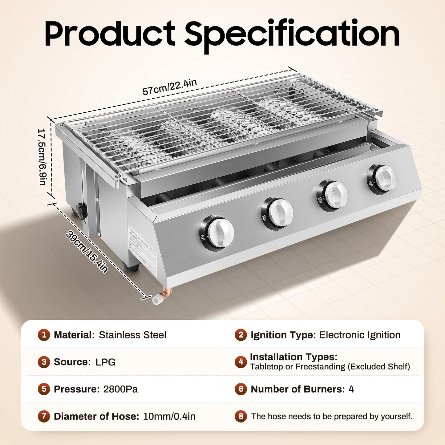 Stainless Steel Gas Grill Roaster 4 Burner BBQ For Camping