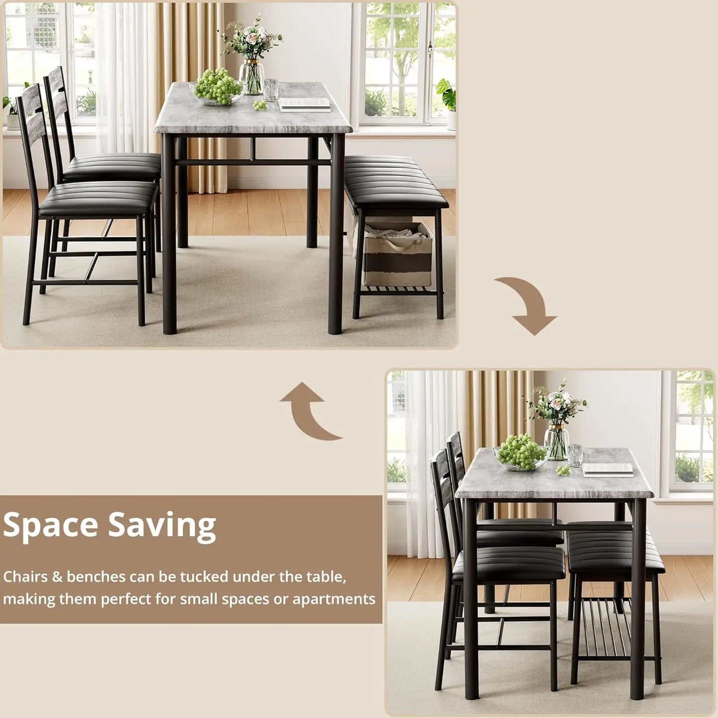 IRONCK Dining Table Set For 4 Small Space Bench And Chairs